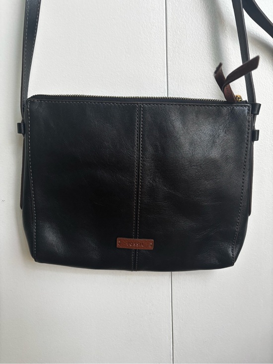Fossil Handbags - Fossil Black Leather Crossbody with Brown Logo Tab